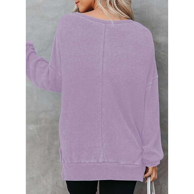 Womens Waffle Knit Crewneck Sweatshirts Long Sleeve Side Slits Casual Pullover Sweatshirt Tops