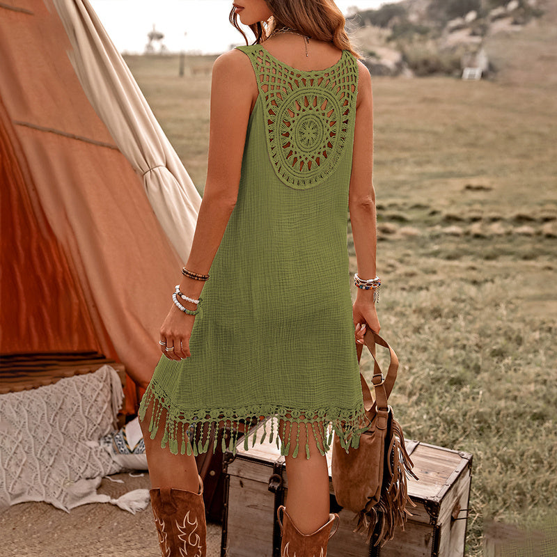 Women's Elegant Solid Color Boho Dress - V-Neck Fringe Detail Sleeveless Summer Dress