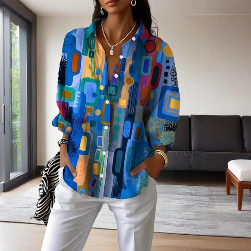 Women's Lapel Collar Printed Long Sleeve Shirt - Vibrant Colorful Pattern Button-Up Blouse Stylish Spring&Summer Vacation Top
