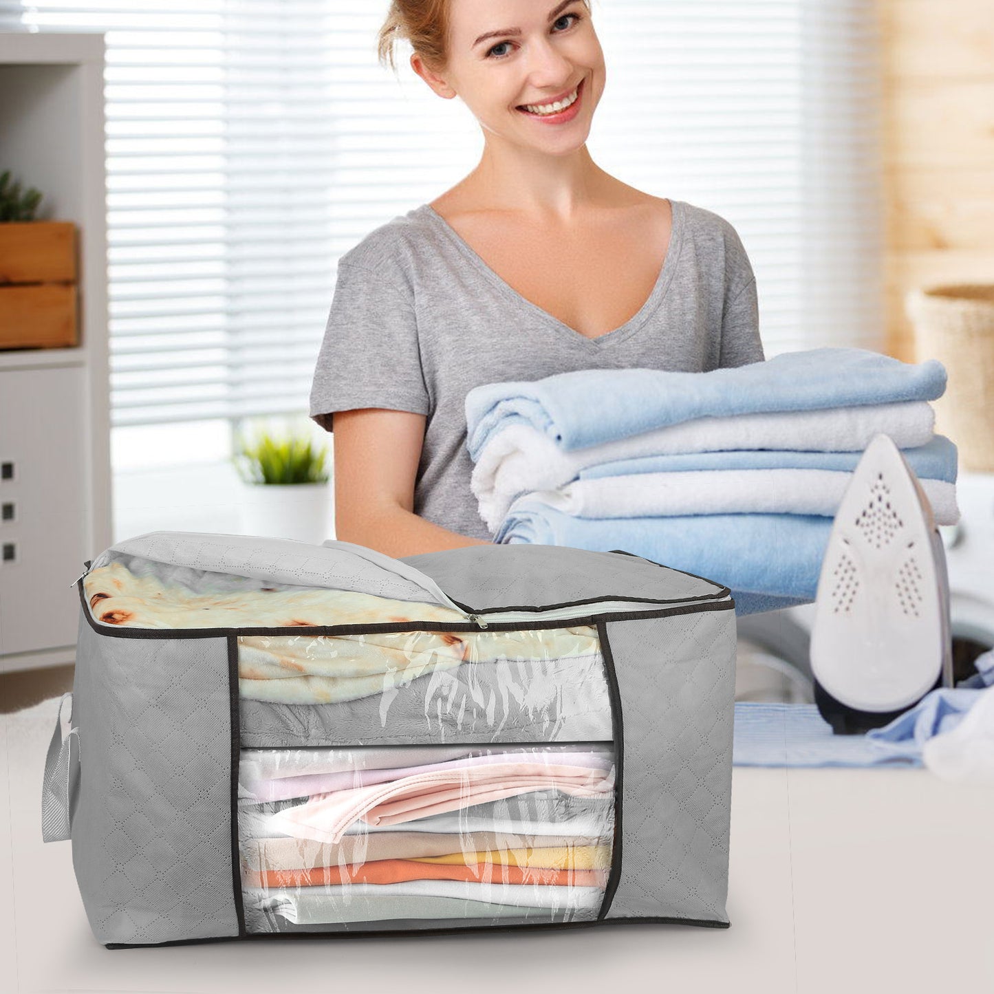 2Pcs Clothes Storage Bag 90L Per Bag With Thick Fabric Clear Window Dual-Zipper For Clothes Comforters Blankets Bedding