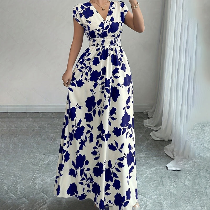 Women's Wrap V Neck Short Sleeve Empire Elastic Waist Summer Casual Elegant Maxi Long Dresses