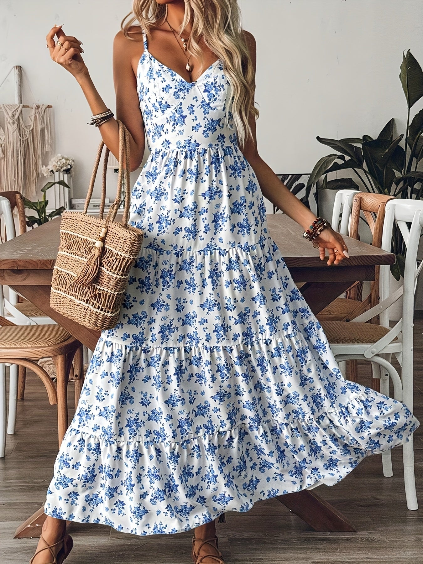 Women's Summer V-Neck Floral Print Strappy Dress - Sexy Backless Bowknot Flowy Maxi Party Dress