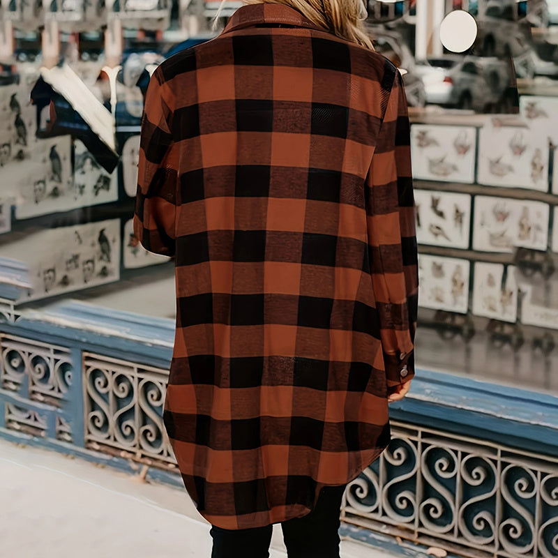 Women's Long Sleeve Plaid Print Button Front Casual Shirt For Spring & Fall