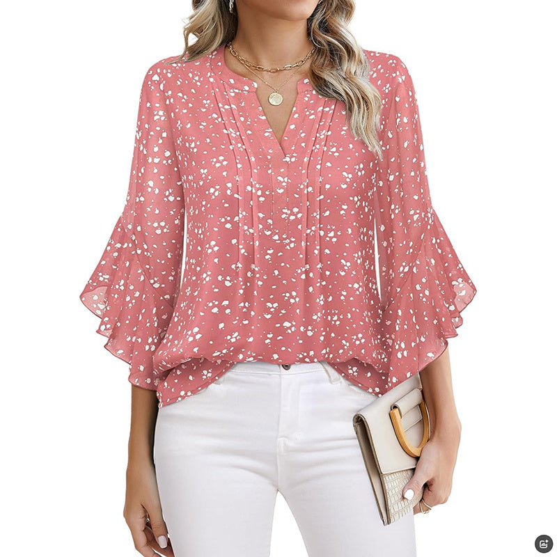 Womens Ruffle 3 4 Sleeve Chiffon Blouses Dressy Casual Trendy Shirts V Neck Business Work Top