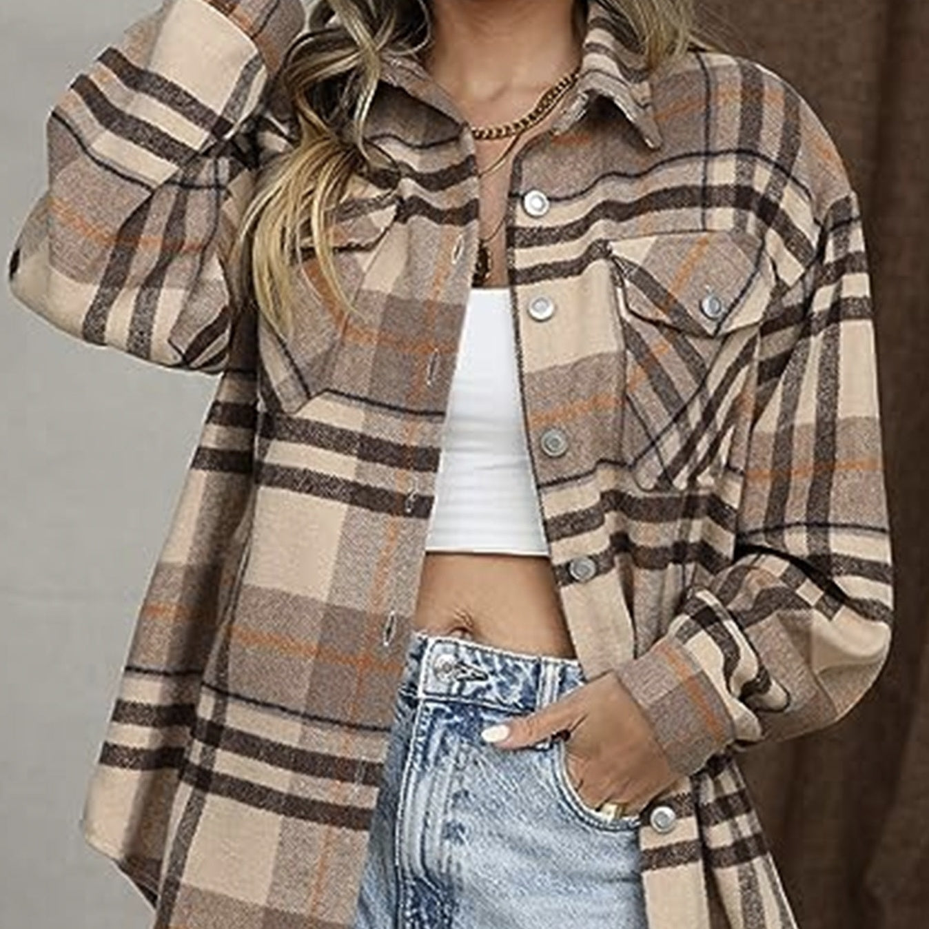 Ladies' Casual Plaid Lapel Button Long Sleeved Jacket, Winter Loose Shirt