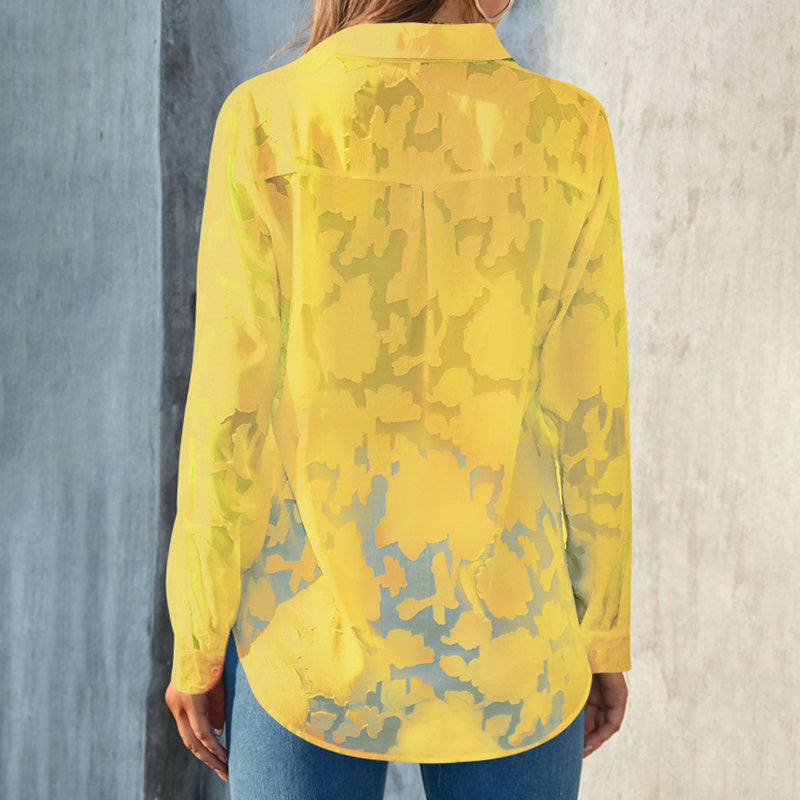 Womens Casual Sheer Button Down Shirts Long Sleeve V Neck Jacquard Blouses Tops