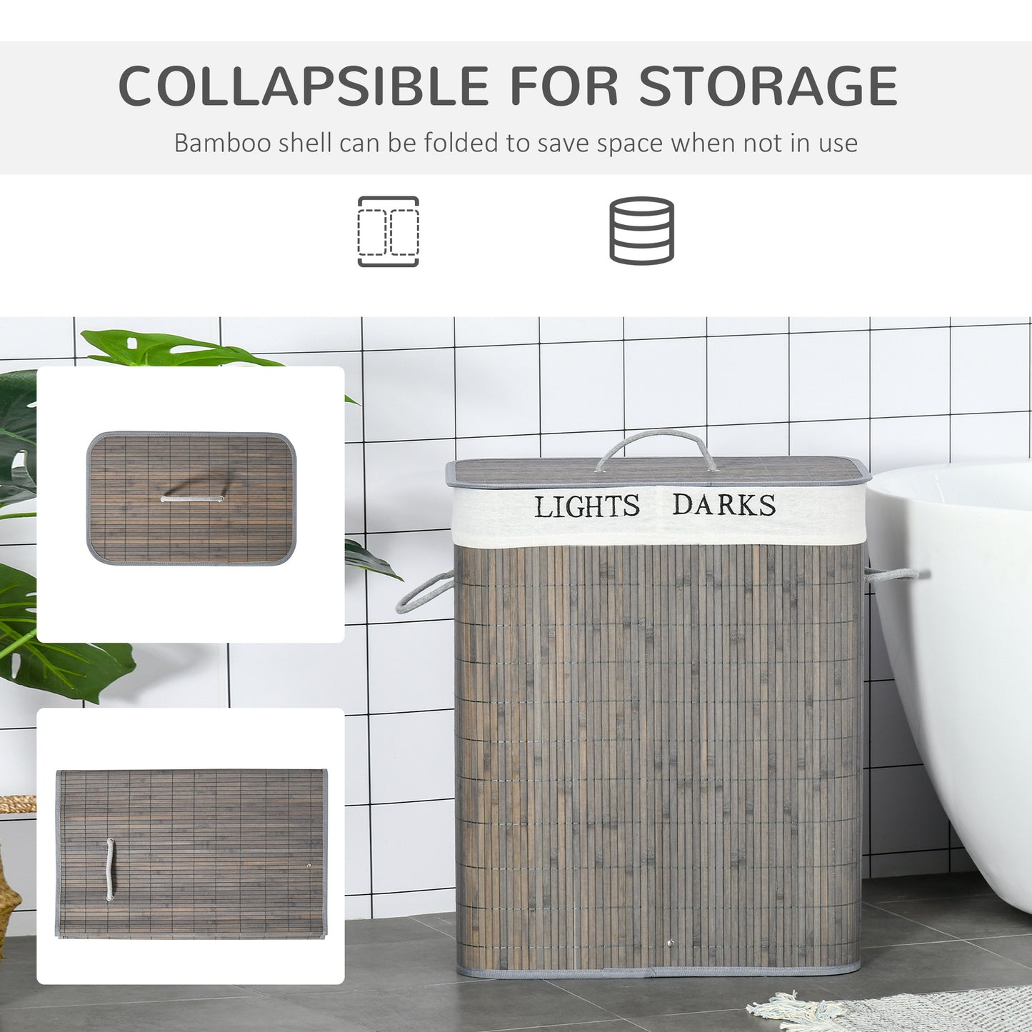 Bamboo Laundry Basket With Lid And String Handles, Collapsible Laundry Hamper With 2 Removable Bag