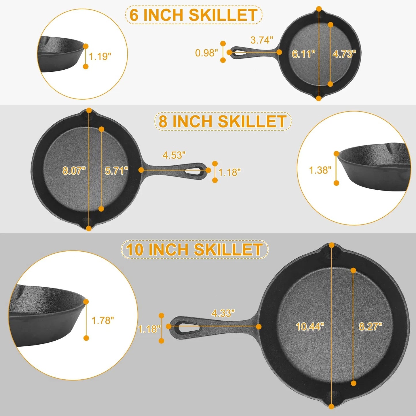 3Pcs Pre-Seasoned Cast Iron Skillet Set 6 8 10in Non-Stick Oven Safe Cookware Heat-Resistant Frying Pan