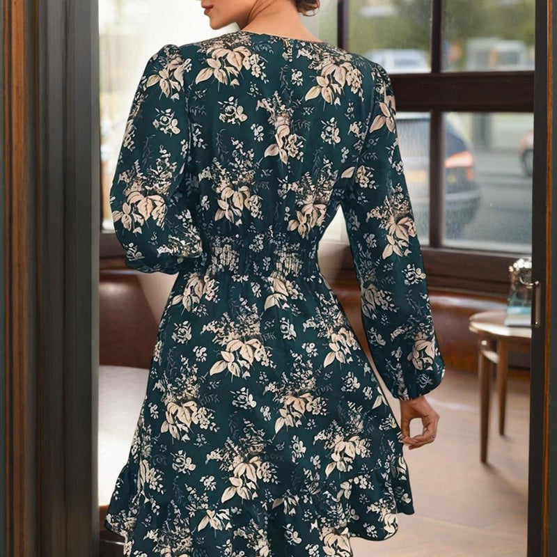 Women's V-Neck Floral Print Long Sleeve Dress With Lantern Sleeves, Ruffled Elastic Waist A-Line Midi Boho Summer Dress
