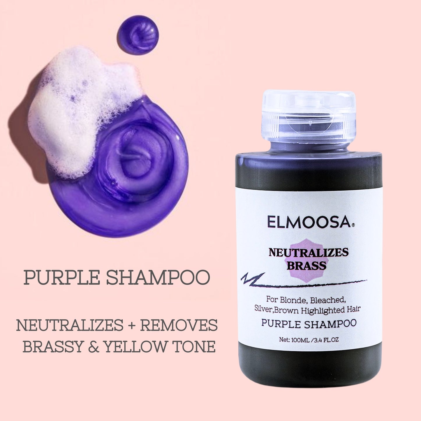 ELMOOSA Blonde Toning Purple Shampoo,100ml Knocks Out Brassy Tones Cleanse Your Blonde Hair
