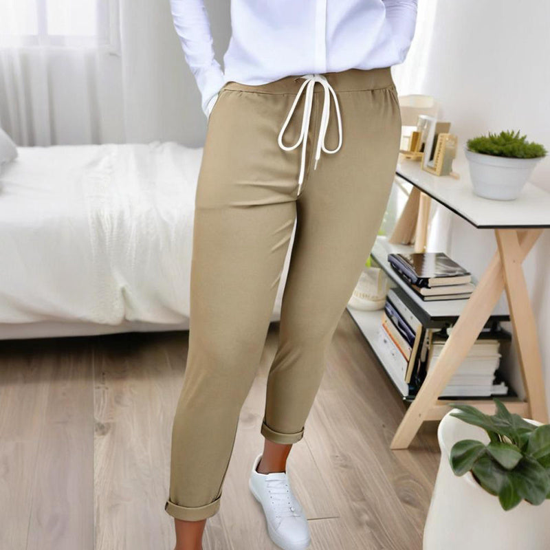 Women's Solid Color Casual Pants - Stretchy Waist With Drawstring Comfortable Lounge Pants