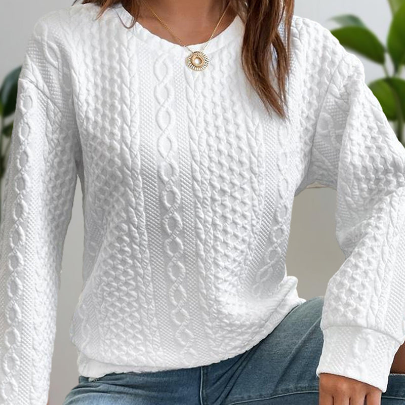 Women's Solid Color Textured Round Neck Drop Shoulder Long Sleeve Sweatshirt - Casual Loose Fit Pullover