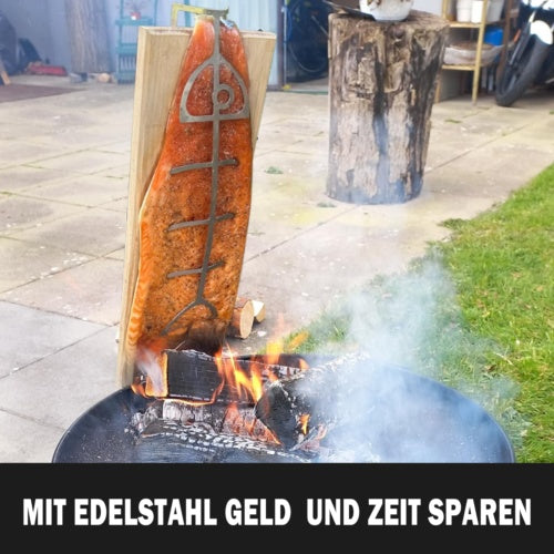 Flame Salmon Board 50x15x2cm Durable Wood Board With Stainless Steel Bracket