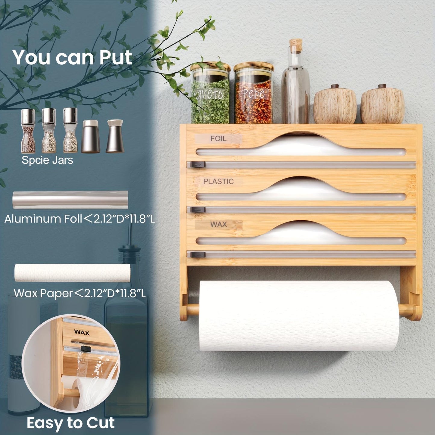 Bamboo Plastic Wrap Cutter With Paper Towel Holder Kitchen Wall-mounted Tinfoil Cutter With Three-grid Cutter And Paper Towel Storage Rack