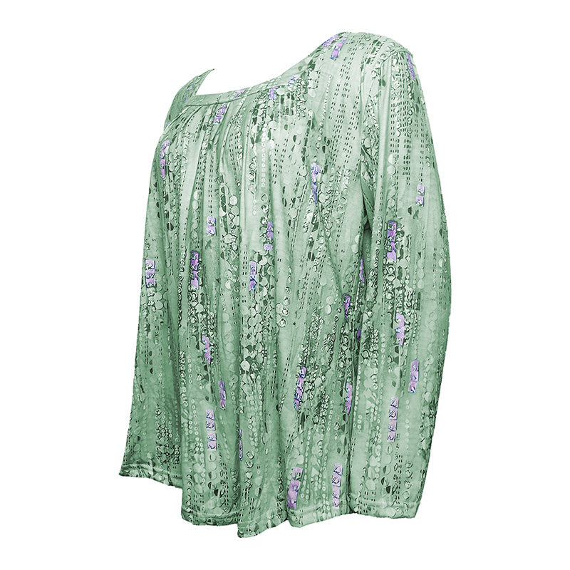 Plus Size Women's Floral Sequin Square Neck Long Sleeve T-Shirt - Printed Casual Spring&Summer Top