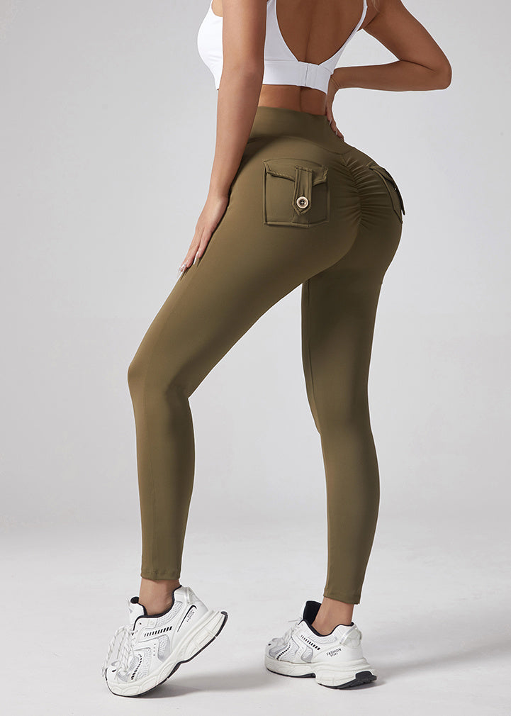 Yoga Waist Pleated Peach Hip Lifting Sports Pants For Female Workers, Pocket High Waisted Button Down Pants