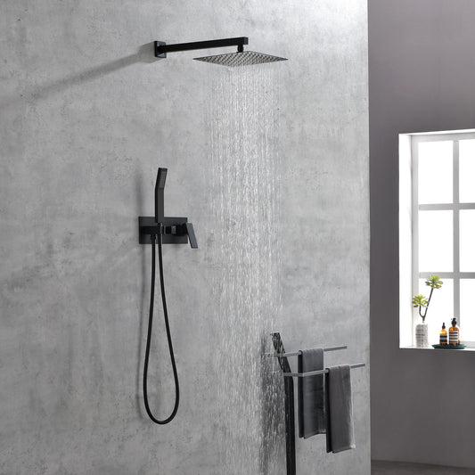 Brass Matte Black Shower Faucet With Shower System, 10 Inch Shower Head And Handheld Spray Bathroom Deluxe Faucet Combination
