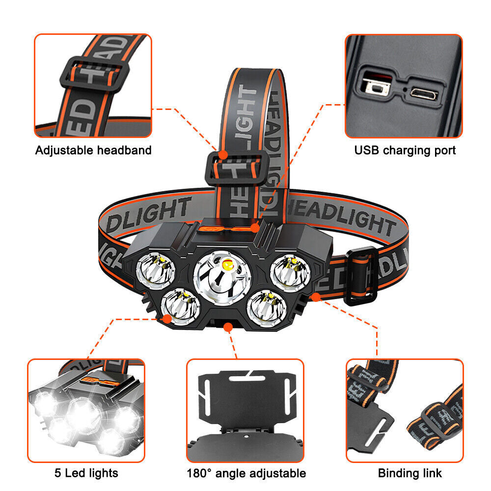 USB  LED Headlamp Rechargeable LED Lamp Headlight Head Torch Cable Light