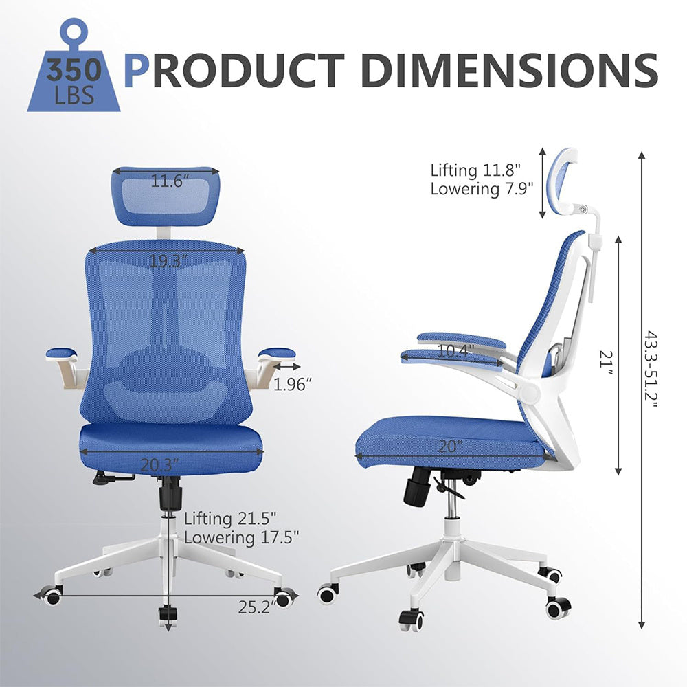 Ergonomic Office Chair, High Back Computer Desk Chair Comfortable Lumbar Support - Home Office Swivel Mesh Chair With Adjustable Headrest And Backrest, Flip Armrests,PU Mute Roller, Blue