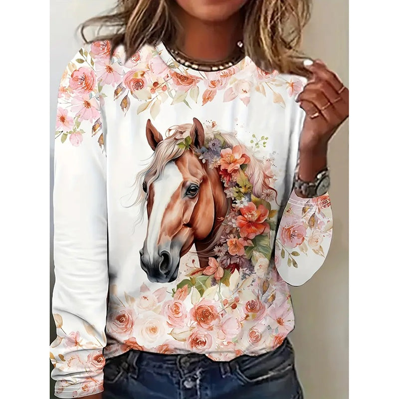 Womens Horse Printed Crewneck Long Sleeve Shirts Casual Dressy Animal Lover Gift Blouses Tee