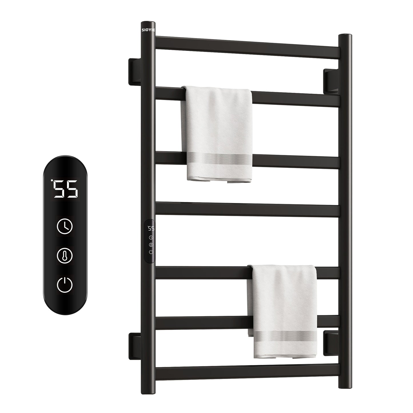 SIOYIE Towel Warmer Bathroom Wall Mounted 6 Bars Electric Towel Drying, 150 W 500 800 MM Heated Towel Rack With Intelligent Touch Screen Timer And Temperature Control Black Left