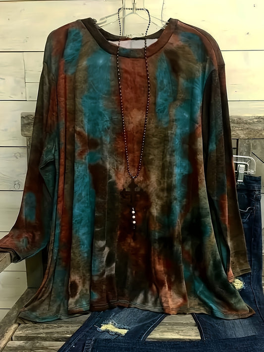 Self-pick-up Women's Plus Size Soft Round Neck Long Sleeve Top Casual Tie-Dye T-Shirt Only Self-pickup Is Supported