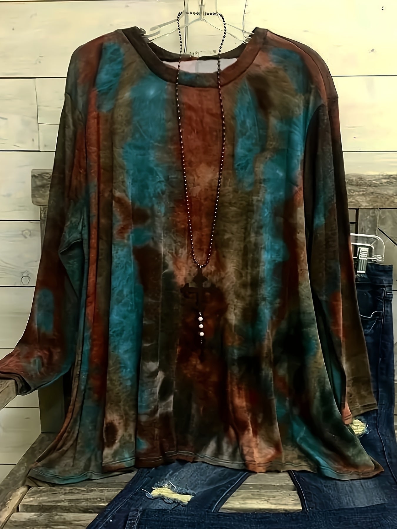 Self-pick-up Women's Plus Size Soft Round Neck Long Sleeve Top Casual Tie-Dye T-Shirt Only Self-pickup Is Supported