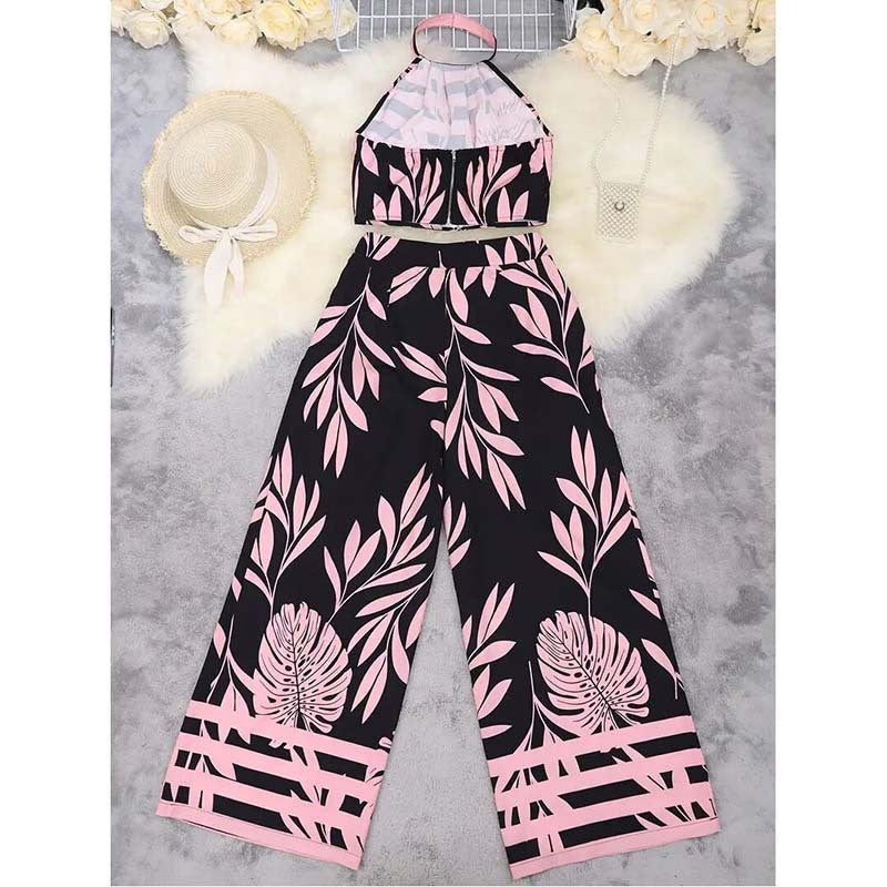 Women's 2 Piece Outfits Plants Graphic Print Crop Halter Top And Wide Leg Pants Set