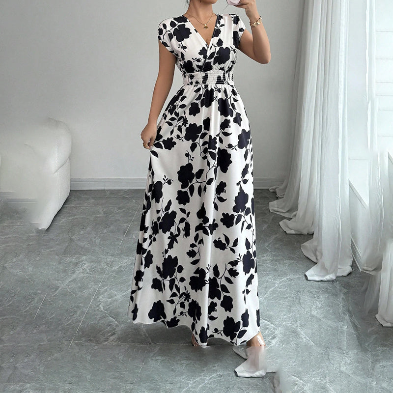 Women's Wrap V Neck Short Sleeve Empire Elastic Waist Summer Casual Elegant Maxi Long Dresses