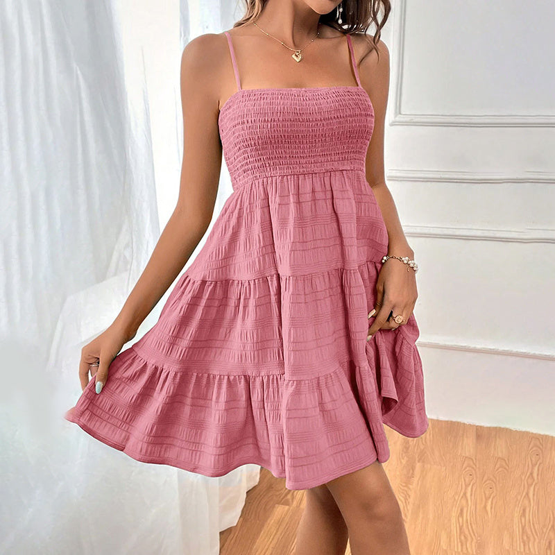 Women's Spaghetti Strap Sleeveless Smocked A-Line Swing Mini Dress, Elegant Casual Summer Dress