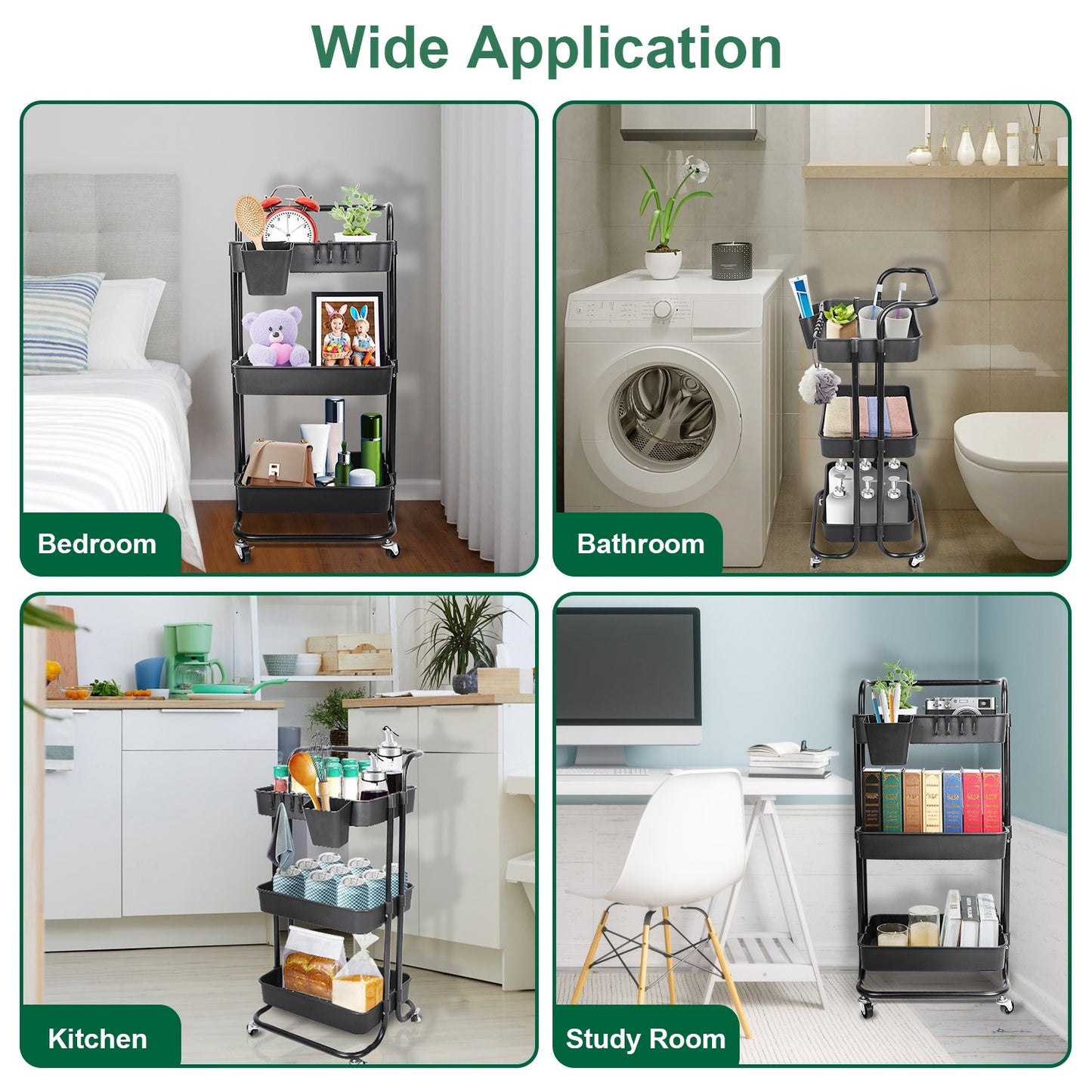 Black-White Color Options 1Pc 3 Tier Rolling Utility Cart Movable Storage Organizer With Mesh Baskets Lockable Wheels 360 Degree Rotatable Hanging Box Hooks Bedroom Bathroom Kitchen