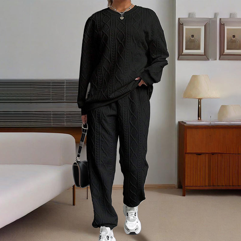 Women's Solid Color Long Sleeve Round Neck Top & Cuffed Pants Set - Ribbed Trim, Minimalist Casual Loungewear For Fall&Winter