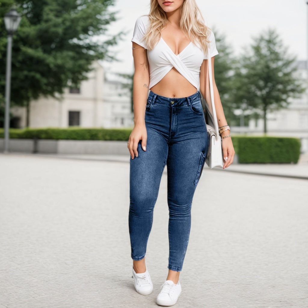 Multi-pocket High-stretch Mid-rise Zipper-hem Skinny Pencil Pants, Urban Style Women's Jeans And Clothing Cargo Jeans Amazon Don't Sell