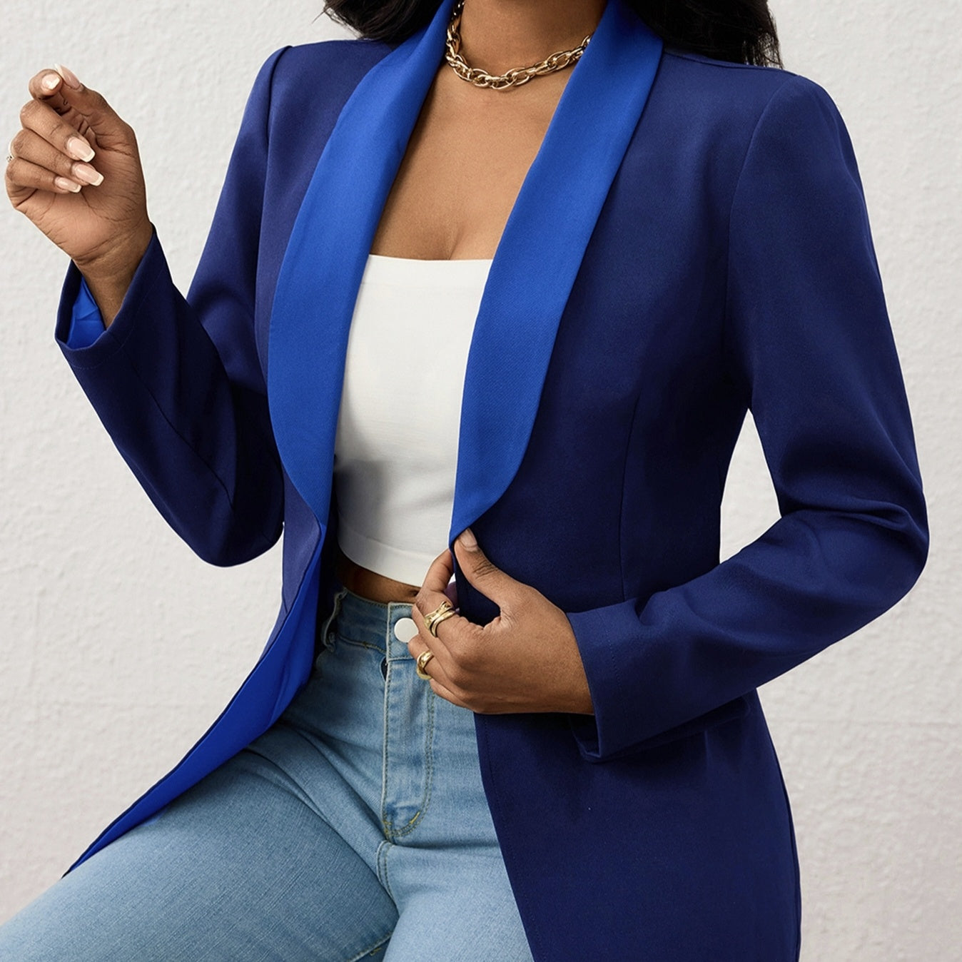 Ladies' Fashionable And Elegant Temperament Versatile Color Block Splicing Lapel Suit Long Sleeved Jacket Top