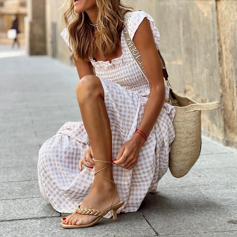 Elegant Square Neck A-Line Dress With Plaid Print, Ruffled Sleeves & Hem Versatile For Casual To Formal