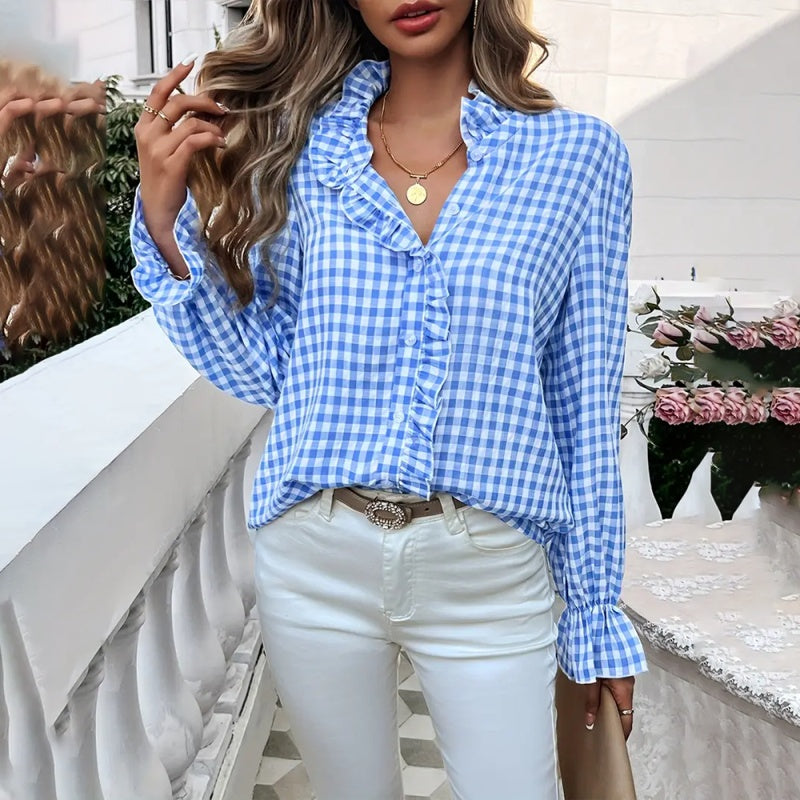 Women's French Style Checkered Button-Up Shirt - Elegant Plaid Pattern, Stand Collar With Ruffled Cuffs, Comfortable Wear
