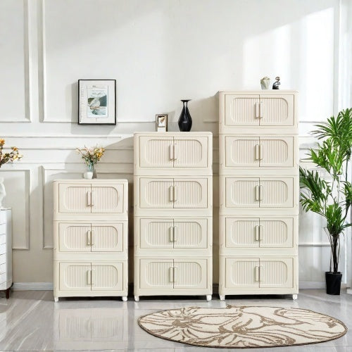 Cream White,19.69 Side Wide Folding Storage Cabinet ,4 Tiers,19.69x11.81x40.55,Collapsible Storage Bins With Magnetic Door, Plastic Storage Cabinet With Wheels
