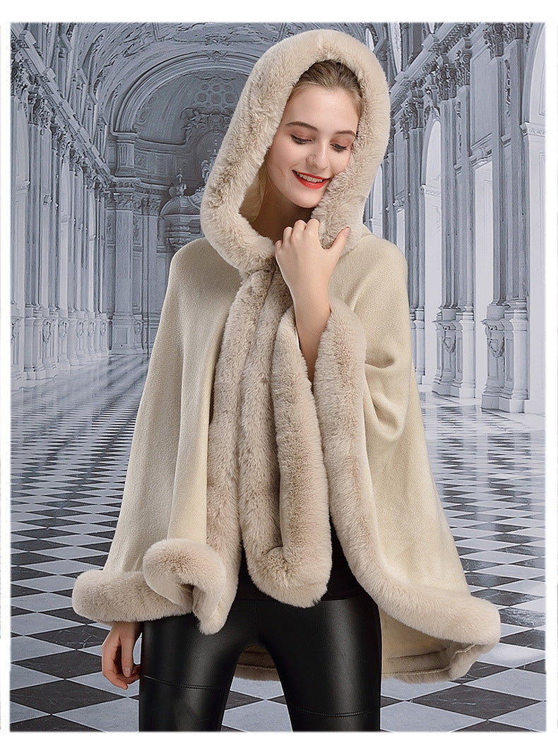 European And American Hooded Cloak Rex Rabbit Fur Fashion Shawl