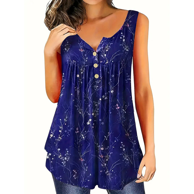 Women's Plus Size Sleeveless Button-Front Blouse With Ruffle Detail & Floral Print Casual Summer Top