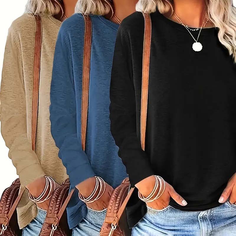 3 Pack Women's Solid Color Casual Set Round Neck Long Sleeve Tops For Spring&Fall