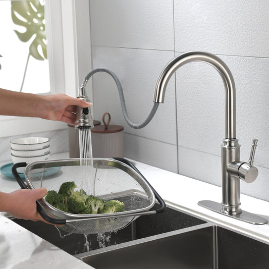 Single Handle High  Pull Out Kitchen Faucet, Single-stage Stainless Steel Kitchen Sink Faucet, With Pull Down Spray