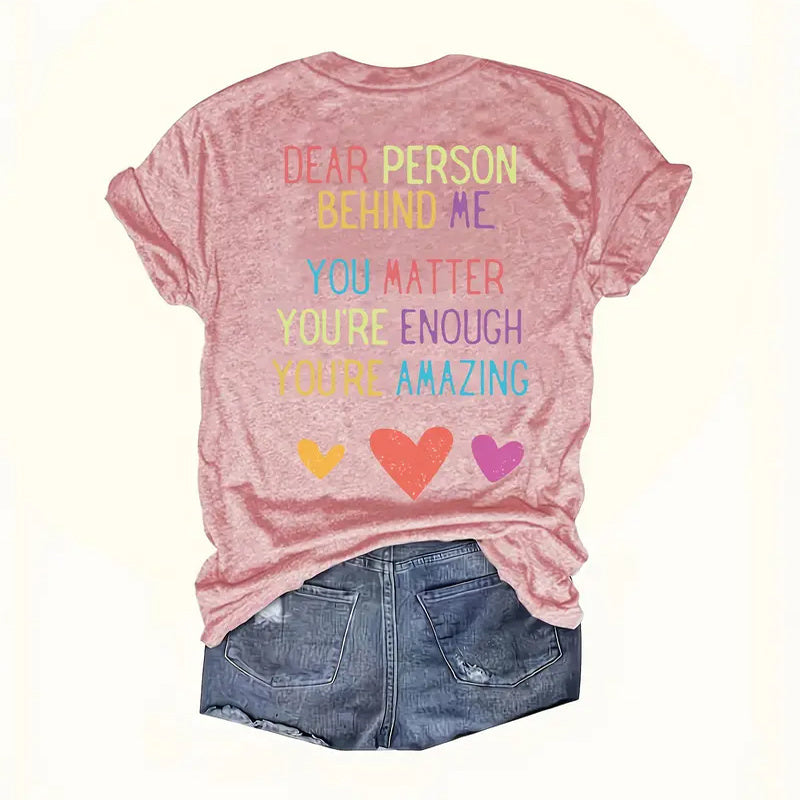 Women's Heart & Slogan Print Round Neck Tee - Love-Inspired Summer Top