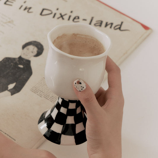 Original Hand-kneaded Tall Checkerboard Grid Ceramic Wine Glass