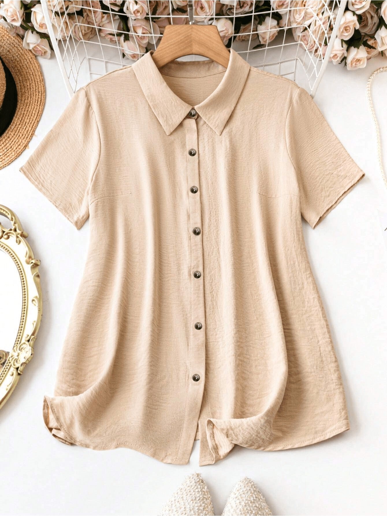 Women's Plus Size Collared Button-Down Shirt - Summer Vacation Casual Short-Sleeve Top For Outings