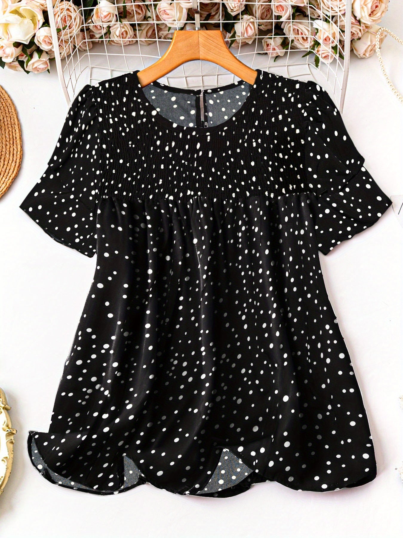 Women's Plus Size Swiss Polka Dot Shirt Summer Round Neck Short Sleeved Outdoor Casual Blouse Top