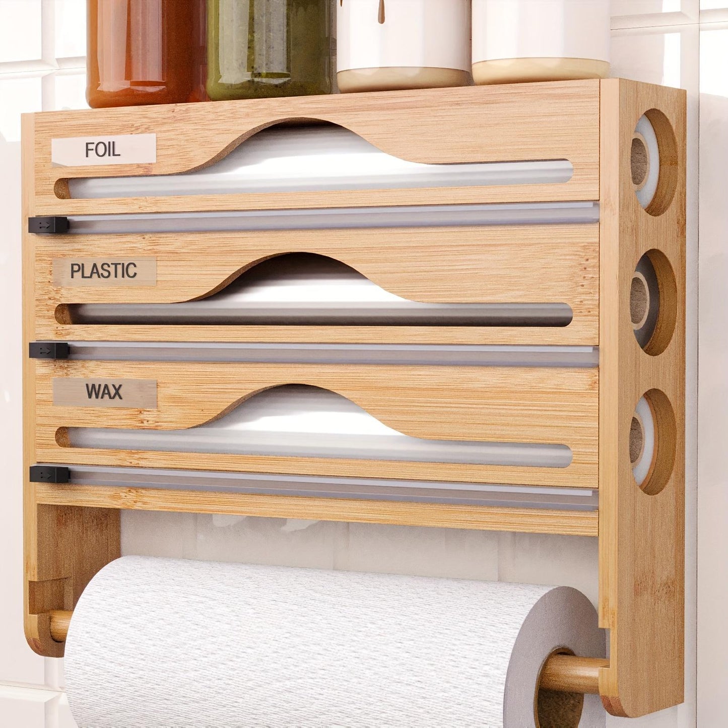 Bamboo Plastic Wrap Cutter With Paper Towel Holder Kitchen Wall-mounted Tinfoil Cutter With Three-grid Cutter And Paper Towel Storage Rack