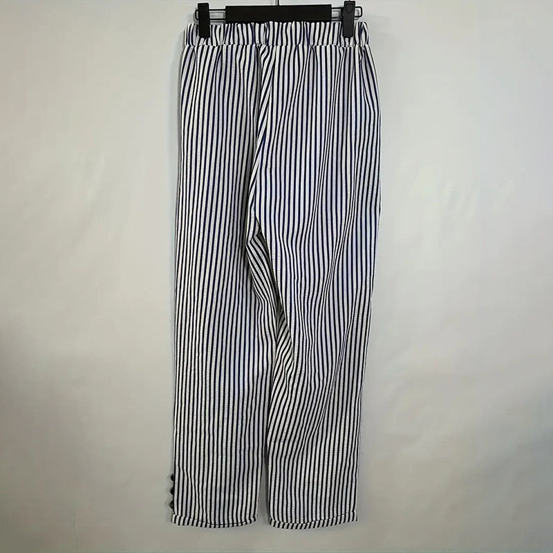Women's Striped Elastic Waist Pants - Button Accent With Pockets, Casual Comfort Trousers For Spring&Fall