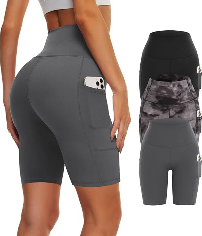 Yoga Pants - Three Points High Waist Polyester Double Grind 3 Black Black Tie-dye Dark Gray