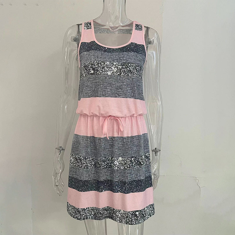 Women's Sleeveless With Adjustable Waist Tie Vest Dress - Casual Summer Mini Dress With Color Block Striped Design