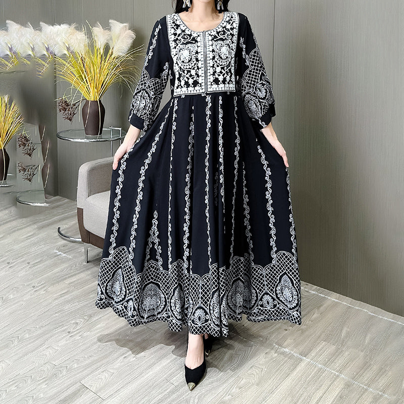 Women's Ethnic Style Floral Embroidered Dress, Elegant 3 4 Sleeve Swing Dress